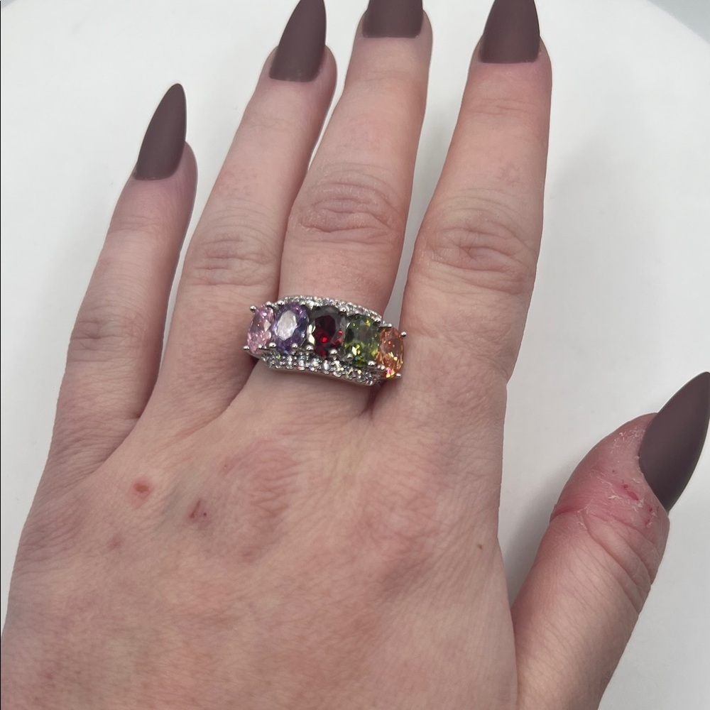 1371. 18k White Gold Plated Multi-Color Gemstone Ring Size 7